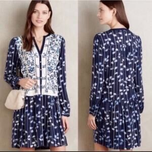 Anthropologie Tiny Semele Boho Embroidered Floral Blue Dress Size Medium